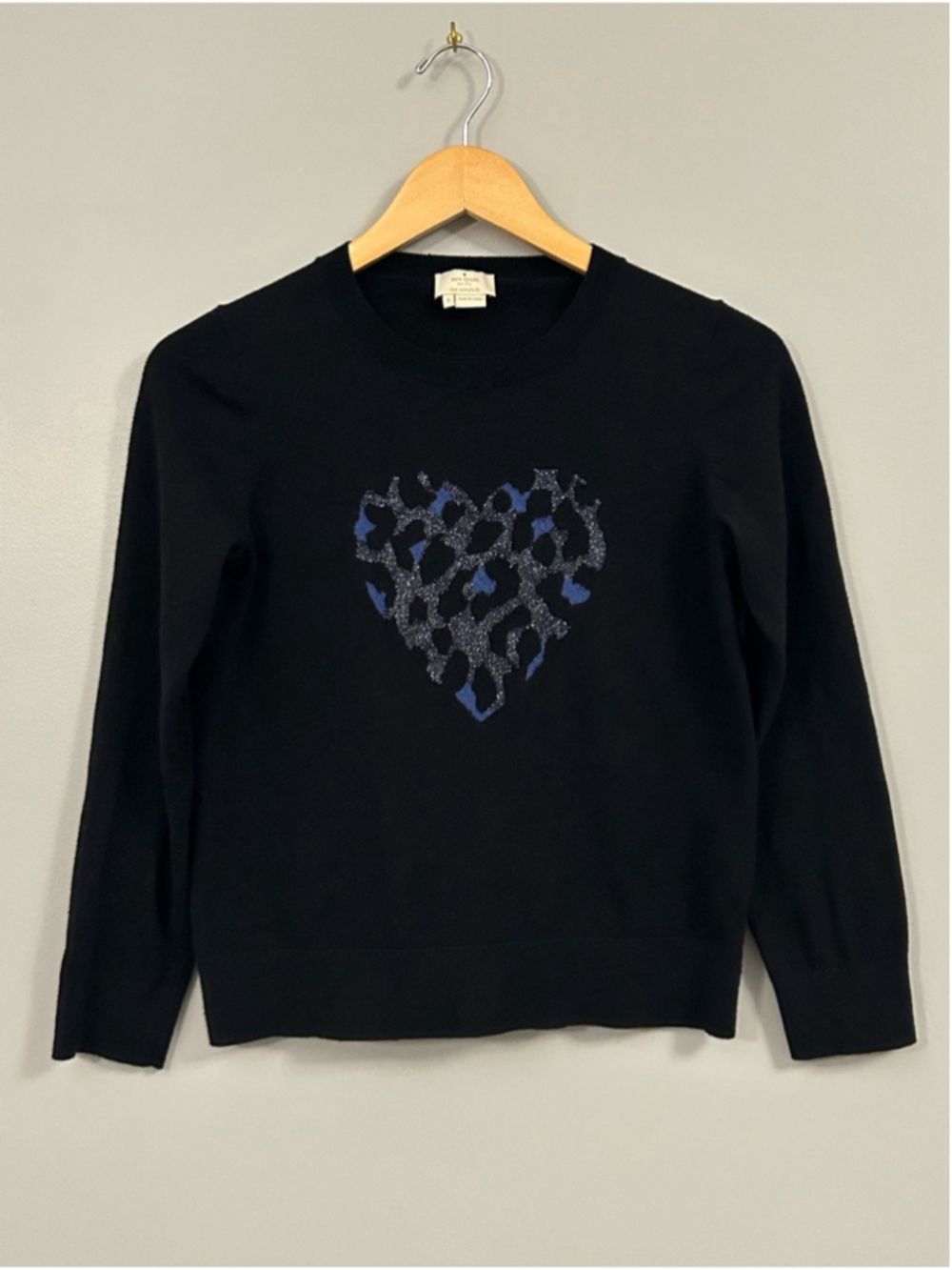 kate spade Broome Street Black Crew Sweater with Blue and Silver Heart Leopard